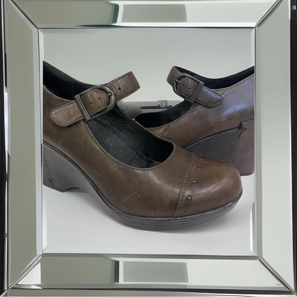 Dansko Fanny Platform Wedge High Heels Black Leather Studded Mary Janes 39